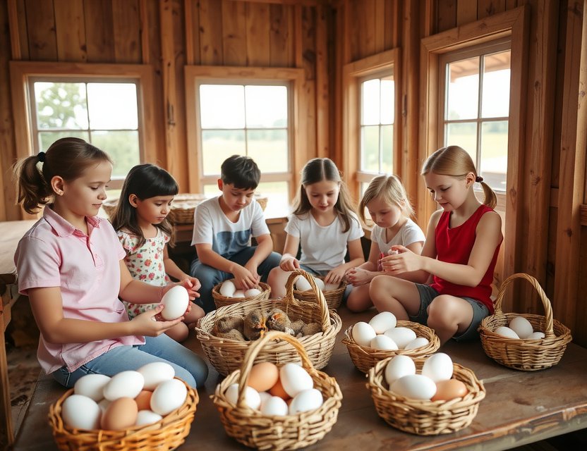 Children collecting eggs in educational workshop at Playmodex sustainable farm Seville